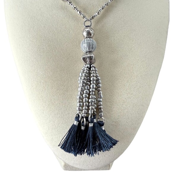 J. Jill Charm Tassel Necklace Long Silver Tone Beaded Blue Pendant 32” Boho NWT - Picture 5 of 13